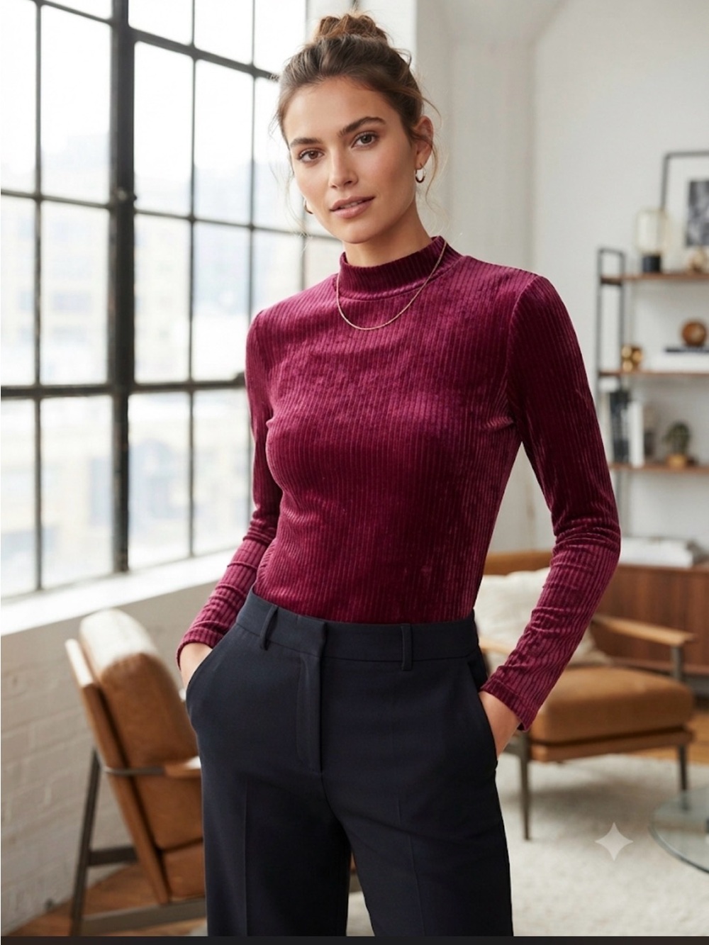 Ribbed Velvet Mock Neck Long Sleeve Top - Wine